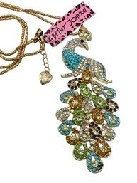 Lot 359SES  - Sparkly! Betsey Johnson Statement Peacock Necklace With Colorful Rhinestones 4 Inch Pendant