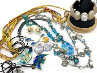 Lot 360SES  - Beachy Lot! Shells, Glass Fish, Ocean Beach Seaside Jewelry Sea Creature Mermaid Tifari Vintage