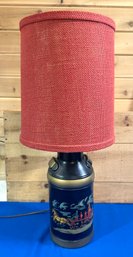 Lot 621 - Antique Fire Engine Truck - Vintage Table Lamp With Red Wove Shade - Vintage Light - Works!