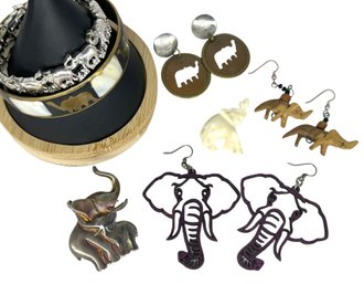 Lot 361SES  - Elephant Safari Costume Mixed Metals Jewelry - Earrings - Pin - Bracelet - Wood Jungle Elephants