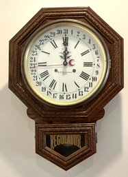 Lot 52- RARE HT Clock Makers Regulator Oak Schoolhouse Calendar Wall Clock With Key