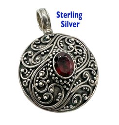 Lot 363SES  - Classic Sterling Silver With Garnet Round Pendant Signed BA