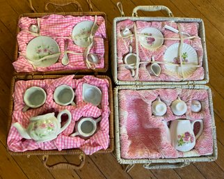 Lot 12- Two Doll Tea Sets - China Tea Cups Plates Tea Pots In Wicker Baskets