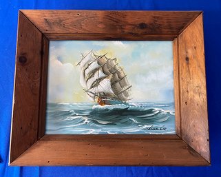 Lot 55 - Original Vintage Art Sailing Tall Ship Schooner Ogunquit Maine Painting - Great Wood Frame!