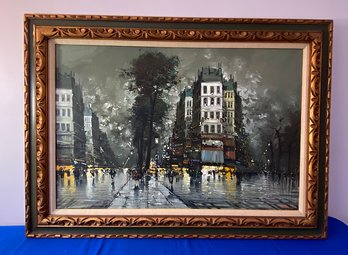 Lot 60 - Large Mid Century 'Paris At Night' 0riginal Art On Canvas By Pettrini - Statement Piece 44x32