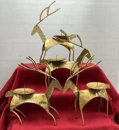 Lot 109SES- Holiday Gold Metal Reindeer Candle Holders - Lot Of 4 - Christmas Decor