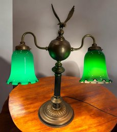 Lot 636 - Rare! 1950s Stunning Brass Eagle Green Glass Shade Patriotic Desk Lamp