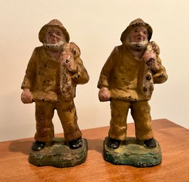 Lot 71- Antique Painted Cast Iron Fisherman Sailor Old Salt Book Ends - 6 Inches - Hubley?