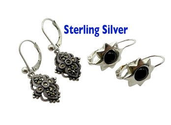 Lot 374SES - Sterling Silver Earrings - Marcasite & Onyx - 2 Pairs Pierced