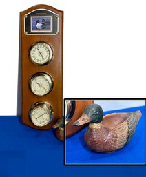 Lot 637 - Wild Ducks Barometer And 1940s Duck Pipe Holder - Bird Hunting Conservation Stamp - Thermometer