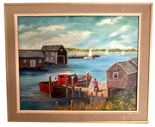 Lot 54 - Nautical Fishing Village Vintage Original Art Oil On Canvas Board Painting - By LW Schlesinger