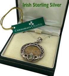 Lot 376SES - 925 Sterling Silver Ireland Irish Connemara Marble Claddagh Pendant & Necklace In Shamrock Box