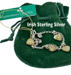 Lot 377SES - New 925 Sterling Silver Ireland Irish Connemara Marble Hearts Bracelet In Green Velvety Bag