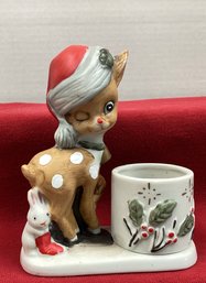 Lot 115SES- 1978 Jasco Little Reindeer Rudolph Christmas Candleholder Hand Painted Porcelain