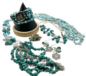 Lot 379SES - Really Cool Lot Of Turquoise Costume Jewelry! Triple Strand Necklace - Crystals - Watch -earrings