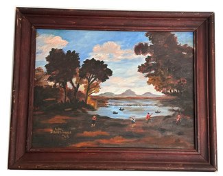 Lot 60 - Vintage Original Oil On Canvas Board Mountains & Lake Landscape Artist LW Schlesinger