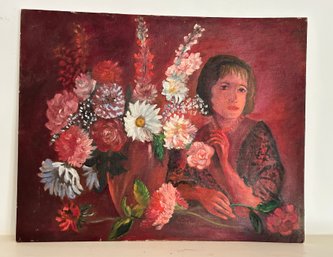 Lot 61 - Vintage Unframed Woman With Flowers Original Oil Painting Artist LW Schlesinger On Canvas Board