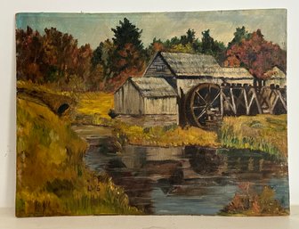 Lot 63 - Vintage Art - Unframed Oil On Canvas Board - Wheel Mill By The Stream - Artist LW Schlesinger