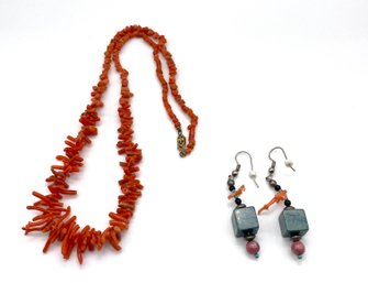 Lot 20- Red Coral Necklace & Coral Earrings Set