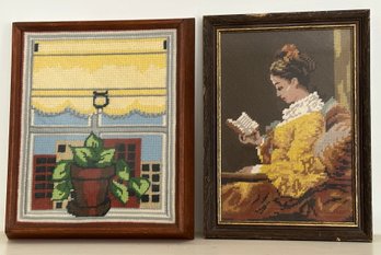 Lot 65 - 2 Needlepoint Victorian Girl Reading And Plant In City Window