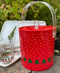 Lot 19SES- 1980s Red Christmas Tree Ice Bucket - Matching Glasses- Plastic Trays - Lot Of 9