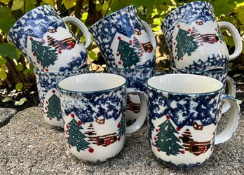 Lot 26SES- Folk Craft Winter Scene Cabin Snow Coffee Mugs By Tienshan - Holiday Lot Of 8