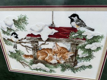 Lot 29SD- Winter Scene Cross Stitch Sleeping Cat With Birds - Bird House - Large 26x22 Framed