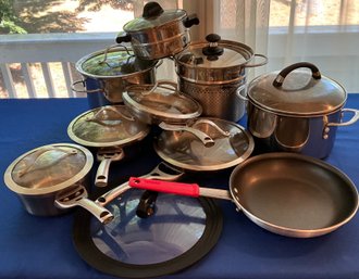 Lot 78- Pots And Pans - Calphalon- Tramontina- Mix And Match - Saute Pan- Sauce Pan- Strainer