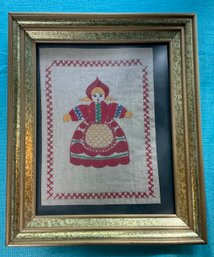 Lot 50- Framed Swedish Girl Folk Art Embroidery 10 X 12