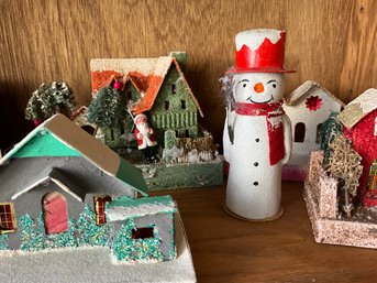 Lot 33SES- 1950s Putz Houses - Christmas Village - Snowman - Lot Of 8 - Germany - Japan