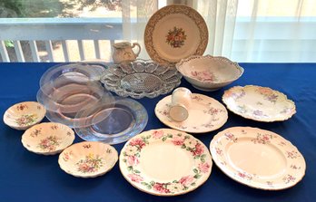 Lot 81- Vintage Dishware- Hobnail Deviled Egg Dish- Pink Depression Plates- Limoges- Hammersly Bowls -