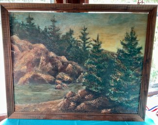 Lot 54- Sunset By The Gorge Original Vintage Art By E Cornell Painting Landscape River With Pine Trees Forest