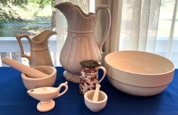 Lot 82- Antique Pitchers- White Bowl Italy- Mortar & Pestles - Creamer-