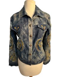 Lot 310- Beautiful! CHICOs Embroidered Metallic Gold - Silver Beads & Sequins Blue Denim Jeans Coat