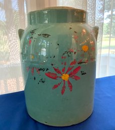 Lot 84- Antique Covered Crock Cookie Jar - Green With Painted Flowers - 10 Inches