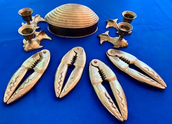 Lot 86- Vintage Brass Lot - Lobster Claw Crackers -4 Fish Candle Sticks- Pitcher- Seashell Trinket Box