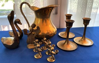 Lot 87- Brass Pitcher - Angel Candle Holders - Candle Sticks - Geese - Goose