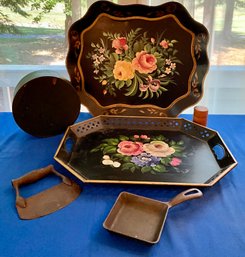 Lot 90- Hand Painted Black Metal Serving Trays - Primitive Wood Box - Cast Iron Egg Skillet- Kitchen Tool