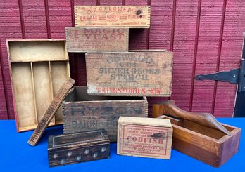 Lot 35- Advertising Wood Crates Boxes - Philadelphia Cream Cheese- Cod Fish- Magic Yeast- Ryzon Baking Powder