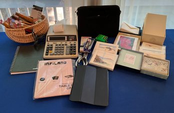 Lot 92- Office Supplies Items- New Pencils -cannon  Adding Machine- Ipad Case - Notecards - Envelopes-