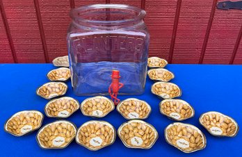 Lot 36- Planters Peanuts - Glass Jar- Made In USA- Tin Peanut Cups - 16 - Red Mr. Peanut Figure