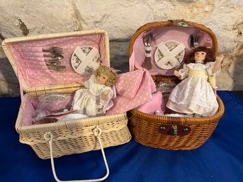 Lot 83 - 2 Delton Fine Collectible Treasure Box Tea Party In A Basket With Doll Picnic Porcelain 7 Inch Dolls