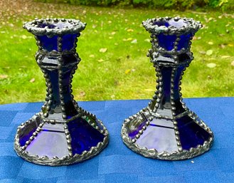 Lot 37- Signed 1995 DLB Cobalt Blue Candle Stick Holders - Gorgeous!