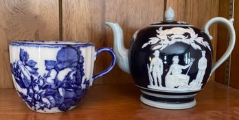 Lot 46- Ironstone Mustache Cup & Blue Copeland England Teapot - 2