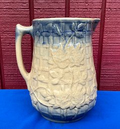 Lot 42- RARE! 1900s Unbranded Blue - Tan Basketweave & Floral Water Stoneware Pitcher - Embossed Lattice