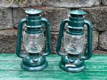 Lot 200- 2 Green Lanterns With Glass Globes