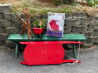 Lot 203- Christmas Lot- Beautiful Handmade Large Sled, Sleigh & Reindeer! And A Santa Suit To Boot!