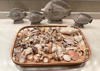 Lot 507- Pier 1 Wooden Fish Decor - Tray Filled With Sea Shells