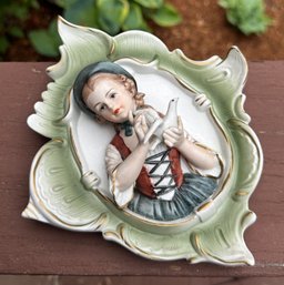 SES Lot 94 - Porcelain Bisque Danish Girl With Dove Bird Wall Decor - Sample Japan