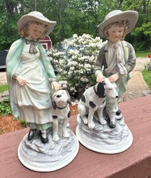 SES Lot 95 - Ethan Allen Bisque Pair Of Figurines Boy & Girl With Dog